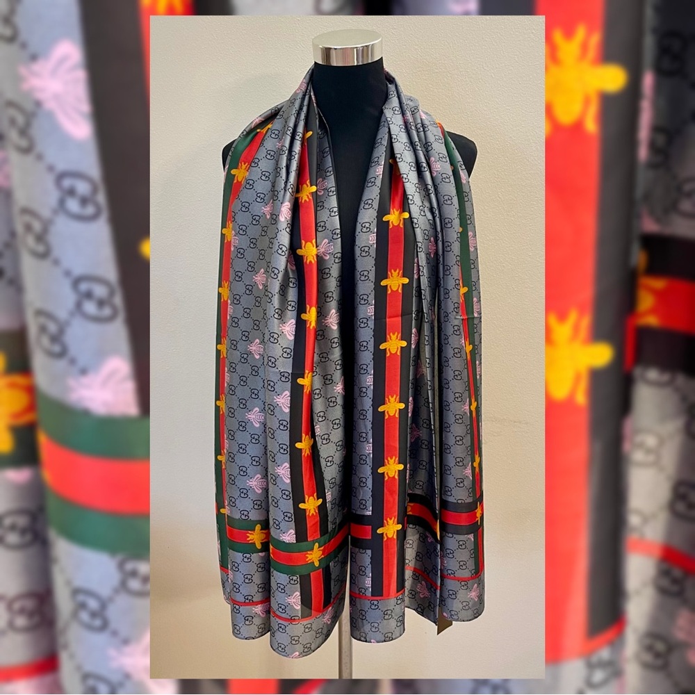 Luxury 100% Silk Oversized Bee & Monogram Print Shawl - Charcoal & Web